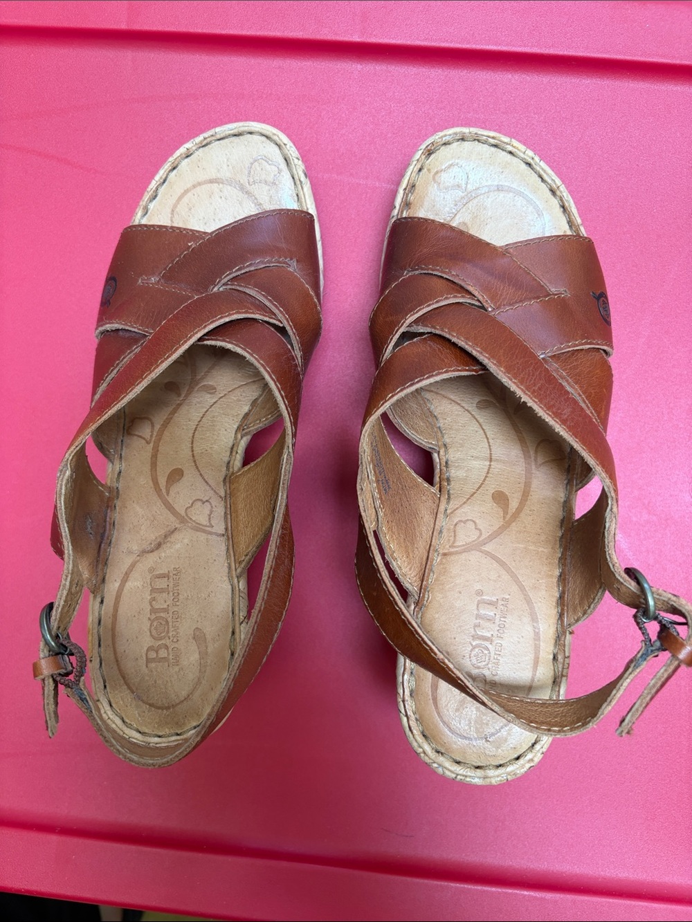 Born Tan Leather Crisscross Wedge Sandals